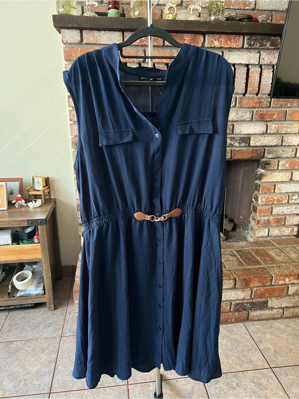 Women’s Navy Sleeveless Button-Front Dress with Belt Accent